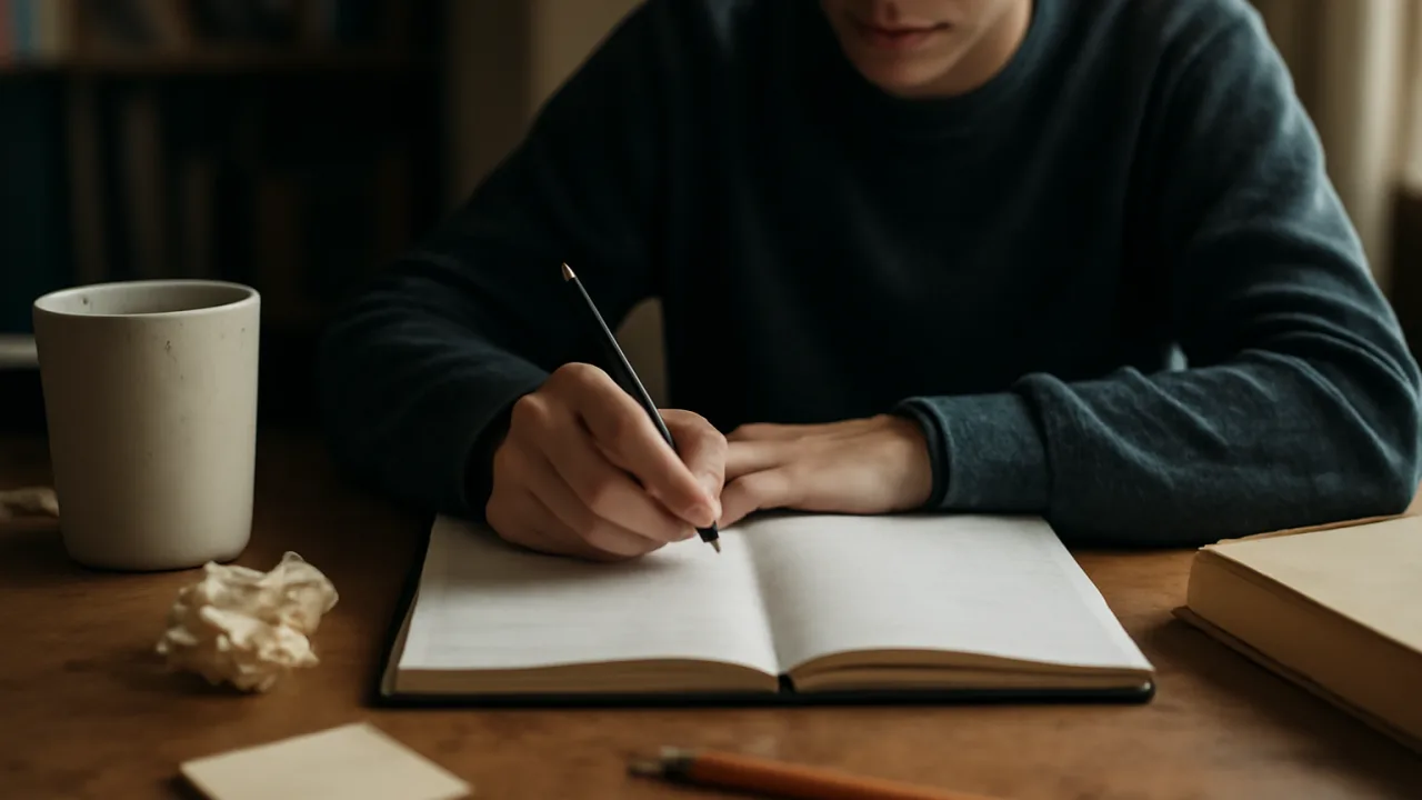 Akşamüstü doğal ışığında, bir çalışma masasında not tutan bir öğrencinin elleri ve açık bir defter görünüyor; ortam biraz dağınık ve günlük hayata ait ayrıntılarla sakin bir çalışma anı gibi duruyor.